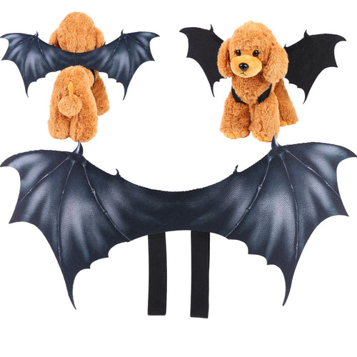 Ailes de chauve-souris noires à sangles, présentées seules et sur des peluches