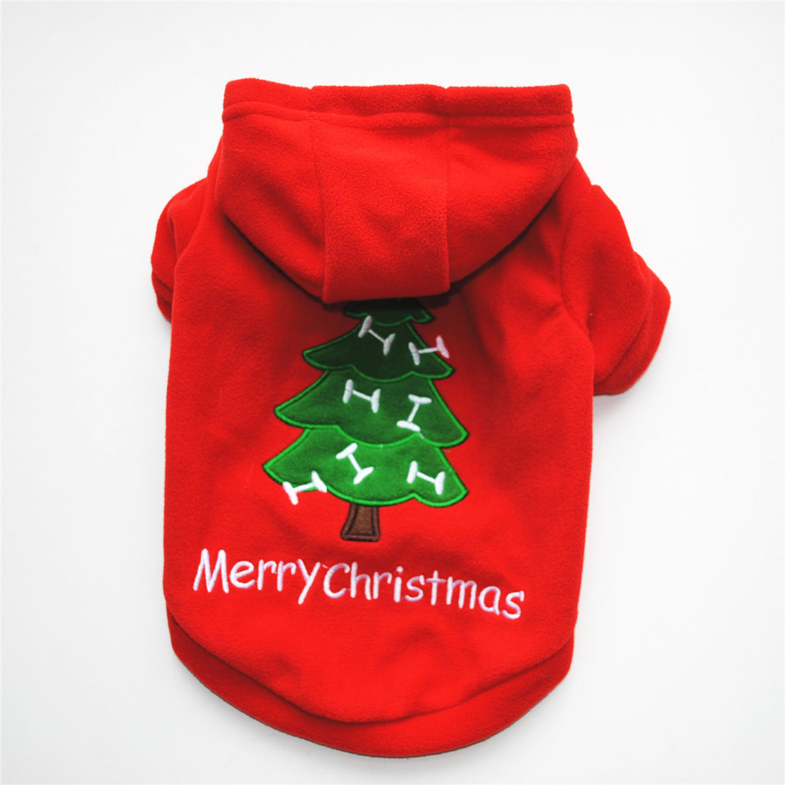 Sweat rouge à capuche pour animal avec sapin vert et inscription Merry Christmas