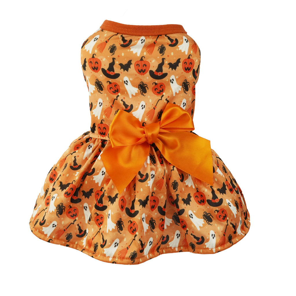 Robe orange pour animal avec motifs Halloween et grand nœud