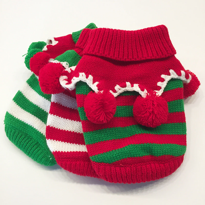Pulls de Noël pour animal à rayures rouges, vertes et blanches avec pompons