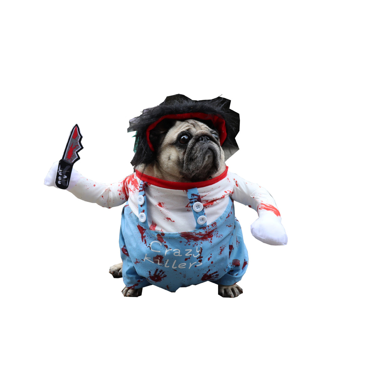 Chien portant un costume de poupée d’horreur avec salopette et couteau factice