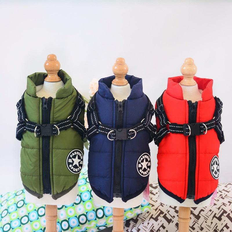 Manteaux pour chien avec harnais intégré, modèles vert, bleu marine et rouge